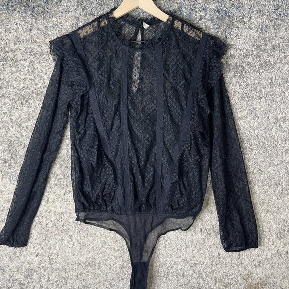 Free People Bodysuit Womens Medium Black Long Sleeve Sheer Lace Mesh Layer Top - Picture 1 of 7